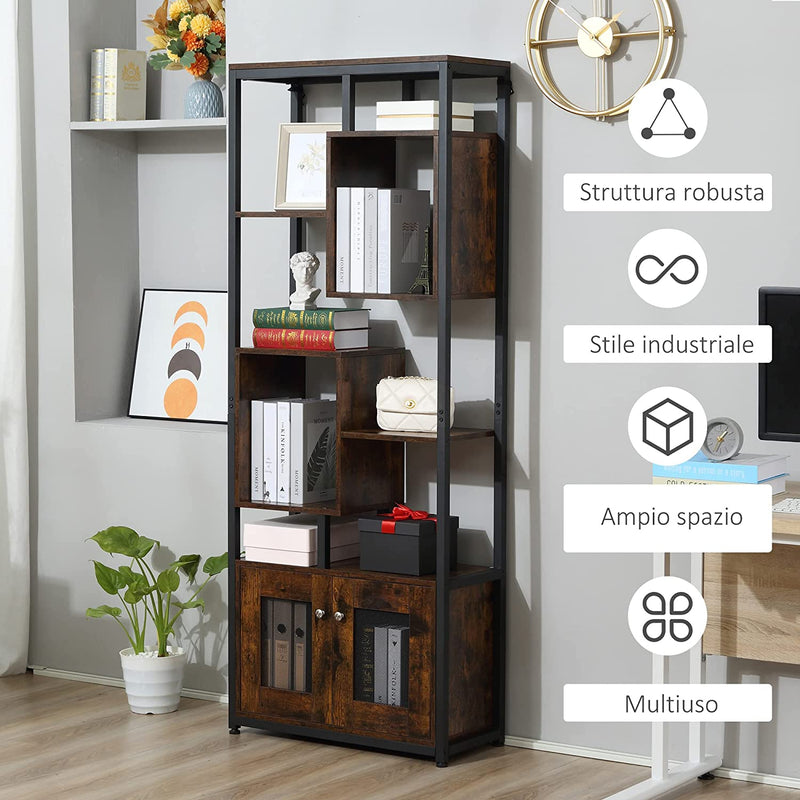 Mobile Libreria in Stile Industriale Con Armadietto a 2 Ante, Scaffale a 8 Ripiani per Casa E Ufficio, 70X30X180Cm, Marrone