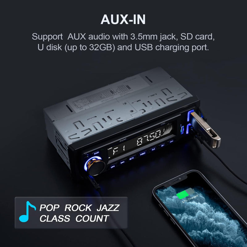 Autoradio Bluetooth 5.0 Vivavoce,  Radio Stereo 4 X 60W Ricevitore 1 DIN,7 Colori Di Luce Dei Pulsanti, Supporta Chiamate in Vivavoce/Fm/Aux-In/Sd/U Disk/Telecomando, Ricarica Rapida