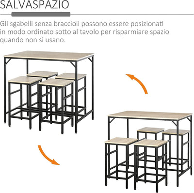 Set Tavolo Alto Con 4 Sgabelli Stile Industriale in Metallo E Legno, Arredamento Moderno Soggiorno E Cucina, Rovere Chiaro