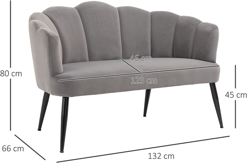 Divano 2 Posti in Velluto Con Gambe in Metallo, Divanetto Da Salotto Con Schienale a Conchiglia, 132X66X80Cm, Grigio