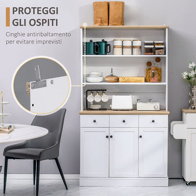 Credenza Da Cucina in Legno Bianco Con 3 Ripiani, 3 Cassetti E 2 Armadietti 101X39X180.5 Cm