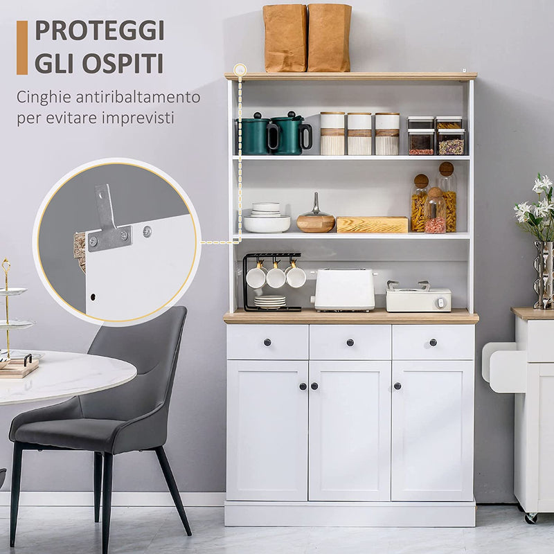 Credenza Da Cucina in Legno Bianco Con 3 Ripiani, 3 Cassetti E 2 Armadietti 101X39X180.5 Cm