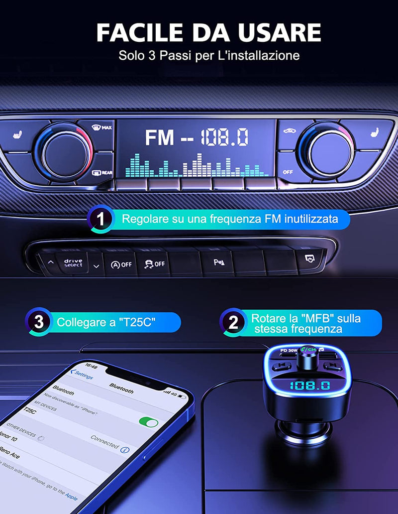 Trasmettitore FM Bluetooth per Auto, Type-C PD 30W Radio Adattatore Bluetooth Auto a Ricarica Rapida Con Chiamata a Mani Libere, Lettore Musicale MP3 Di Supporto Scheda TF E Disco USB