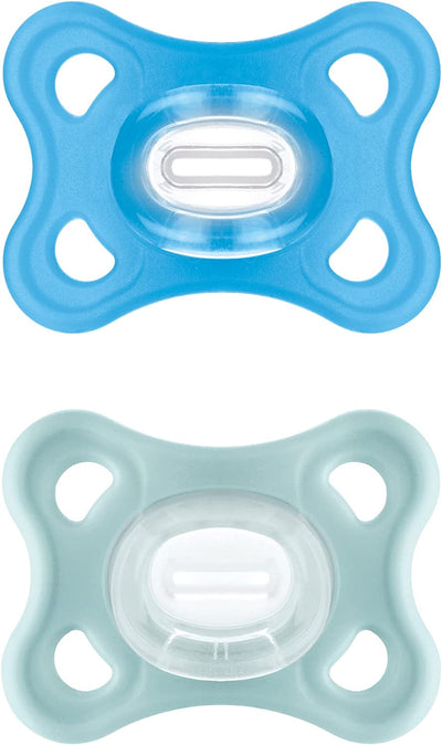 Istruzioni in Lingua Straniera  Ciuccio Comfort in Set Da 2 Pezzi, Particolarmente Piccolo E Leggero, 100% Silicone Con Tettarella Morbida Skinsoft E Scatola per Ciuccio, 0-6 Mesi, Blu/Menta