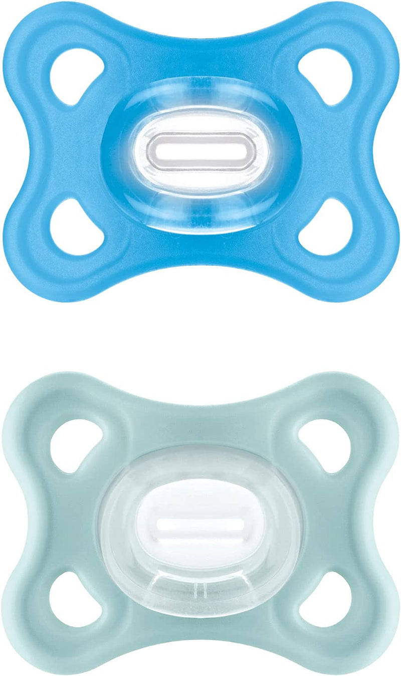 Istruzioni in Lingua Straniera  Ciuccio Comfort in Set Da 2 Pezzi, Particolarmente Piccolo E Leggero, 100% Silicone Con Tettarella Morbida Skinsoft E Scatola per Ciuccio, 0-6 Mesi, Blu/Menta