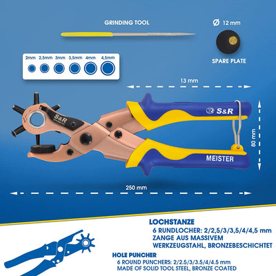 Fustellatrice Buca Cinture Fori Tondi per Cuoio, Pelle, Plastica. 6 Fustelle Di 2/2,5/3/3,5/4/4,5 Mm. Pinza Professionale Di Alta Qualità