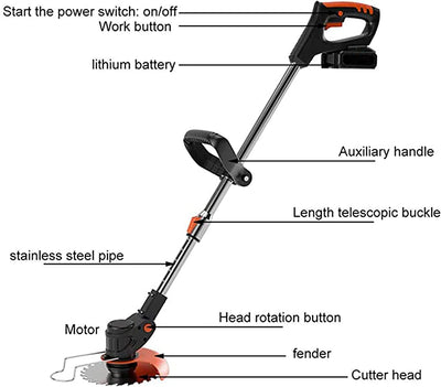 Taglia Erba Giardino a Batteria Tagliabordi Elettrico Decespugliatore Multifunzione Con Lame Metalliche E 2*Batteria Leggero Testata Regolabile E Maniglia Telescopica per Prato Campo Da Giardino