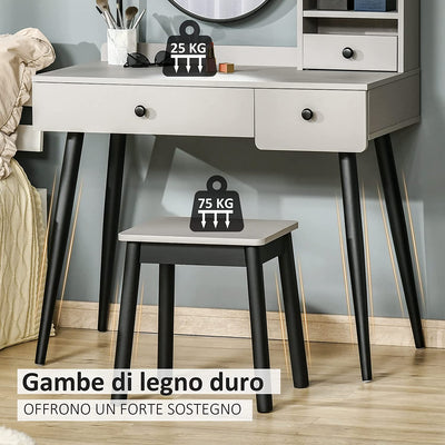 Set Da Toeletta Tavolo per Trucco, Specchio E Sgabello Con 3 Cassetti E Ripiani Aperti, Struttura in Legno, Grigio