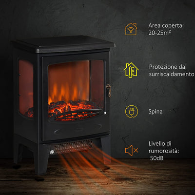 Camino Elettrico Effetto Fiamma E 3 Lati Aperti, Temperatura Regolabile 900W-1800W, Copertura 20-25M², 39X26X54.8Cm, Nero