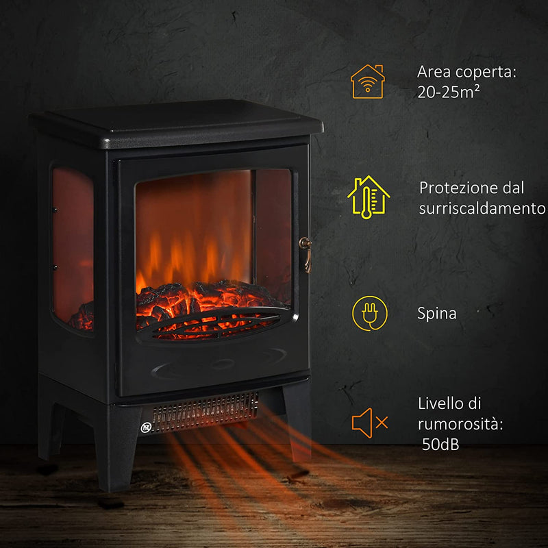 Camino Elettrico Effetto Fiamma E 3 Lati Aperti, Temperatura Regolabile 900W-1800W, Copertura 20-25M², 39X26X54.8Cm, Nero