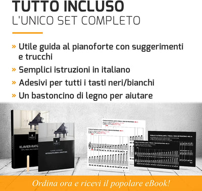 Adesivi per Tasti per Pianoforte + Tastiera per 49 | 61 | 76 | 88 Tasti + Ebook Gratuito | Set Completo Premium per Tasti Neri + Bianche | DO-RE-MI-FA-SOL-LA-SI | Istruzioni in Italiano