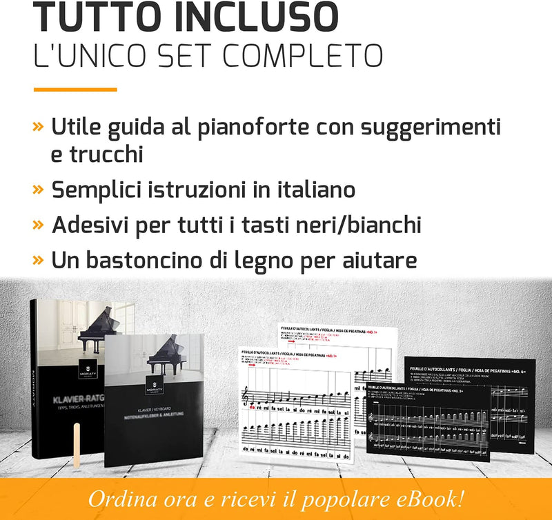 Adesivi per Tasti per Pianoforte + Tastiera per 49 | 61 | 76 | 88 Tasti + Ebook Gratuito | Set Completo Premium per Tasti Neri + Bianche | DO-RE-MI-FA-SOL-LA-SI | Istruzioni in Italiano