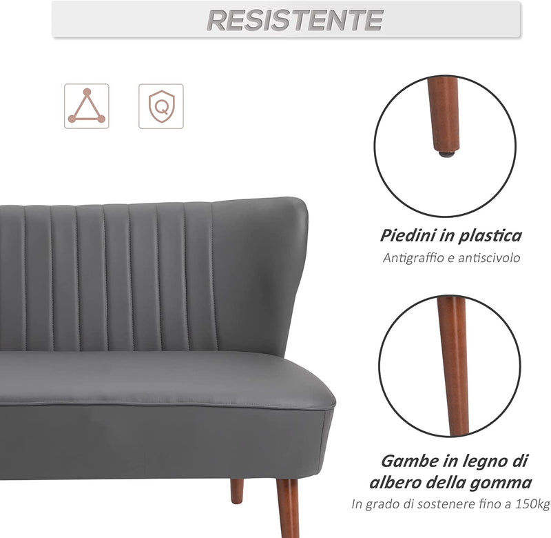 Divano a 2 Posti Dal Design Moderno, Telaio in Legno E Rivestimento in Pelle Sintetica Grigia, 108.5 X 61 X 79Cm