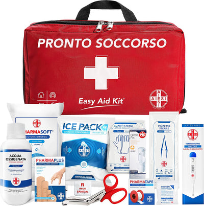 ® Kit Di Pronto Soccorso Professionale per Auto Casa Viaggio Barca Moto Trekking Con TERMOMETRO E DISINFETTANTE # EASY AID KIT # Borsa Di Emergenza Completa per Medicazione # Made in Italy