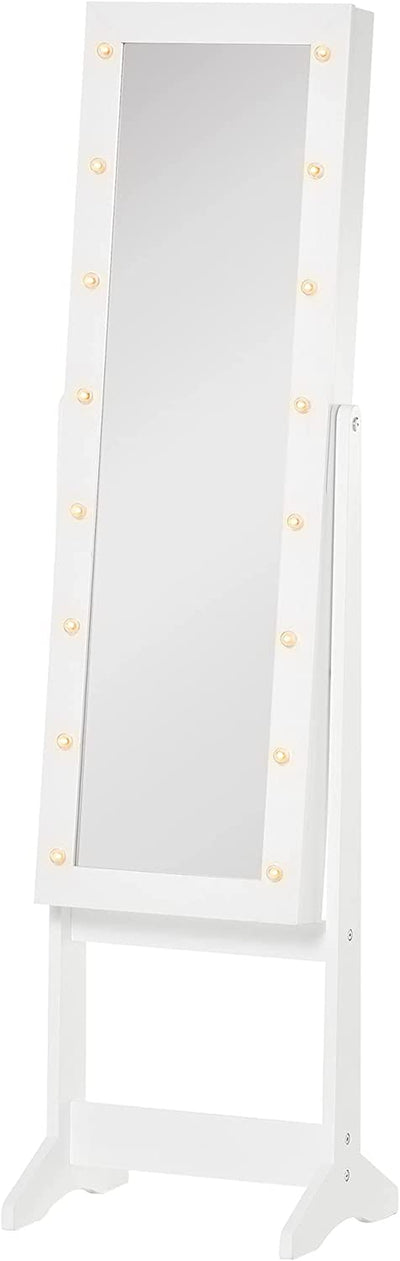 Armadio Portagioie Portagioielli Specchio Regolabile E Luci LED, Legno, Bianco, 36X30X136 Cm