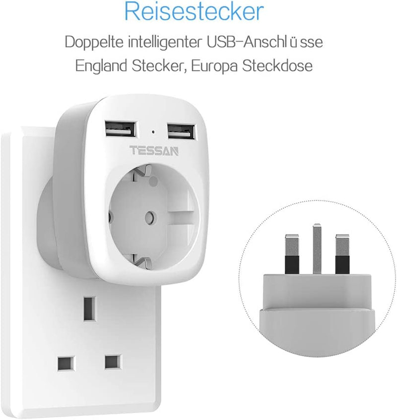 Adattatore Presa Inglese, Adattatore Spina Inglese Con 2 USB, Adattatore UK per Gran Bretagna, Qatar, Irlanda, Gambia, Adattatore Prese Inglesi 3250W, Adattatore Presa Inglese a Spina Italiana