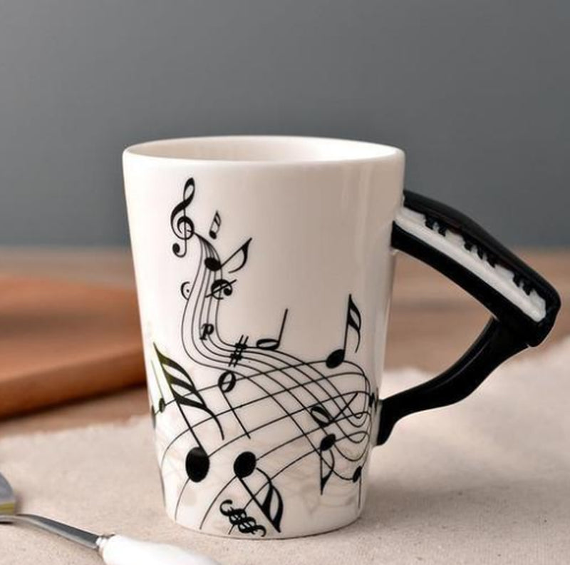 Coffee Cup with Music Notes in the Form of Saxophone Handle Ceramic Porcelain Cup of Tea Milk Method