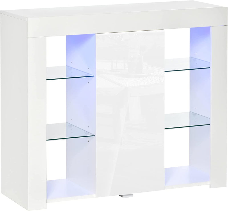 Credenza Moderna a Anta Con Luci LED E Mensole in Vetro, Mobile Multiuso in Legno Con Finitura Lucida, 97X35X83Cm, Bianco