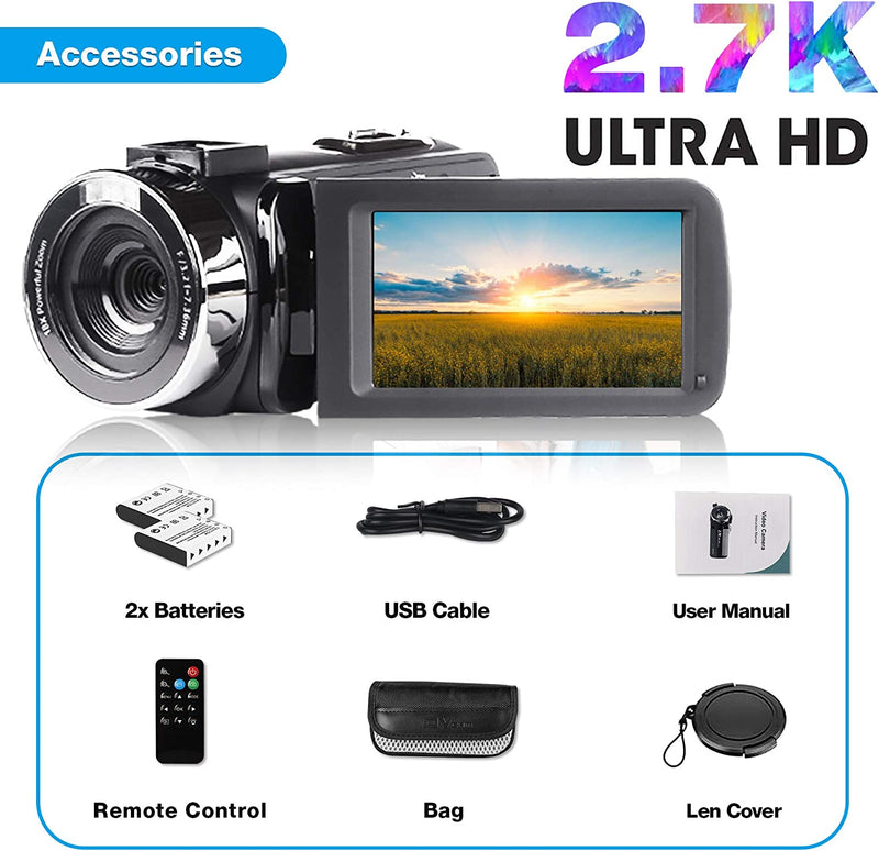 2.7K HD Digital Camcorder per Adolescenti/Studenti/Bambini,268X1520P Videocamera Beginner per Youtube Vlog