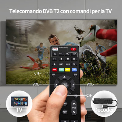 Decoder DVB-T2, Decoder Digitale Terrestre 2022/2023, HD 1080P H265 HEVC Main 10 Bit, HDMI CEC TV Stick Supporto Uscita HDMI/AV E USB Multimediale/Funzione PVR [Telecomando 2In 1 Con Comandi TV]