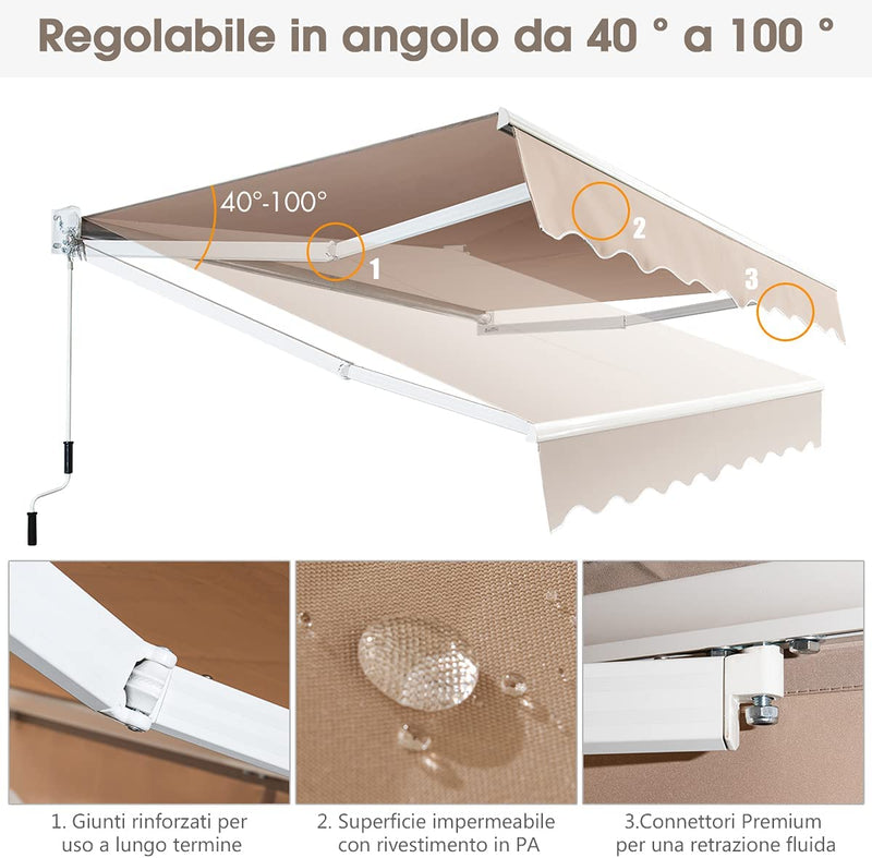 Tenda Da Sole per Esterno Avvolgibile 2,45 X 2 M, Tenda Da Sole a Bracci Estensibili Con Telaio in Alluminio E Tettuccio Resistente Al Sole E Impermeabile E Manovella (245 X 200 Cm Beige)