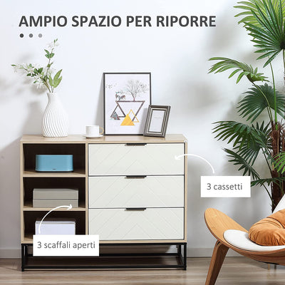 Credenza Moderna a Base Rialzata, Mobiletto Multiuso Con 3 Cassetti E 3 Ripiani Aperti in MDF, Truciolato E Acciaio, 100X40X79.5 Cm, Bianco E Color Legno