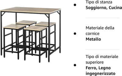 Set Tavolo Alto Con 4 Sgabelli Stile Industriale in Metallo E Legno, Arredamento Moderno Soggiorno E Cucina, Rovere Chiaro