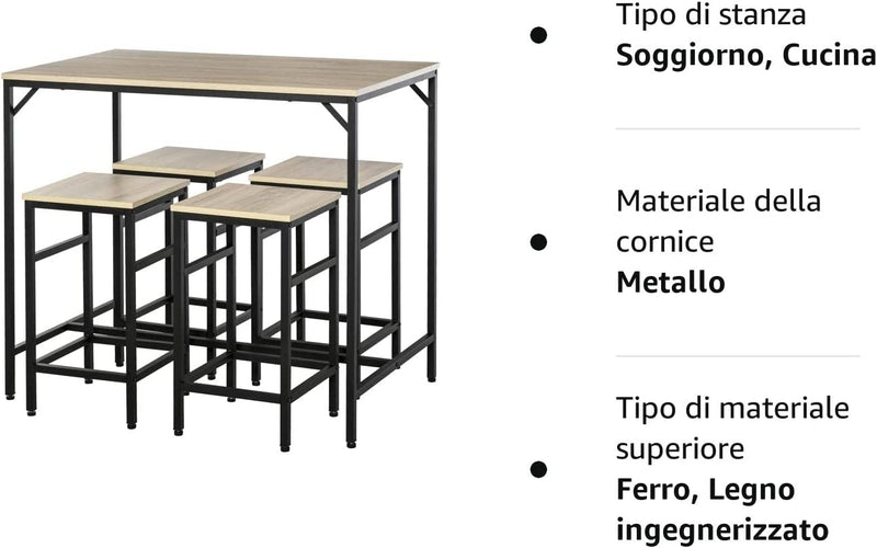 Set Tavolo Alto Con 4 Sgabelli Stile Industriale in Metallo E Legno, Arredamento Moderno Soggiorno E Cucina, Rovere Chiaro