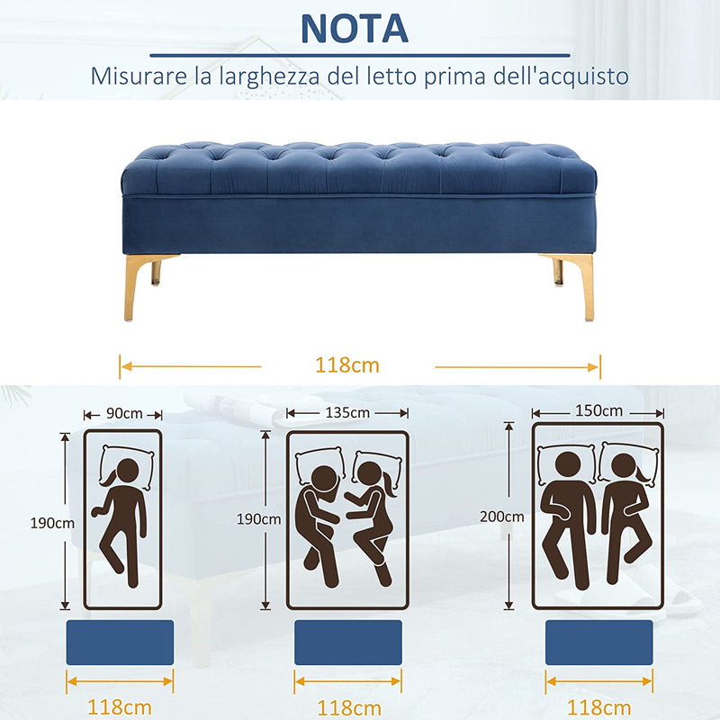 Panca Imbottita Fondoletto in Tessuto Vellutato, Panca per Camera Da Letto E Ingresso Con Decorazione a Trapunta, Piedini in Metallo, Blu