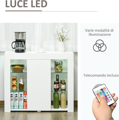 Credenza Moderna a Anta Con Luci LED E Mensole in Vetro, Mobile Multiuso in Legno Con Finitura Lucida, 97X35X83Cm, Bianco