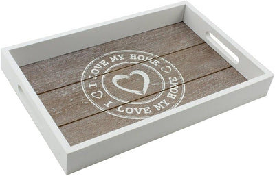 ® 2X Vassoio in Legno - Vassoio Rettangolare in Legno Con Motivo "I LOVE MY HOME" in Diverse Dimensioni - Vassoio Shabby Chic Con Manici (02 Pezzi - "I LOVE MY HOME")