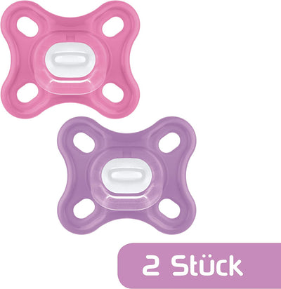 Istruzioni in Lingua Straniera  Ciuccio Comfort in Set Da 2 Pezzi, Particolarmente Piccolo E Leggero, in 100% Silicone, Con Tettarella Morbida Skinsoft E Scatola per Ciuccio, 0 Mesi, Rosa/Viola