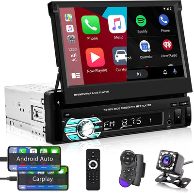 1 Din Autoradio Carplay Android Auto Stereo Con 7 Pollici Manuale Flip Out Schermo, Radio Bluetooth Auto Con FM TF AUX USB Mirror Link per Android/Ios & Retromarcia