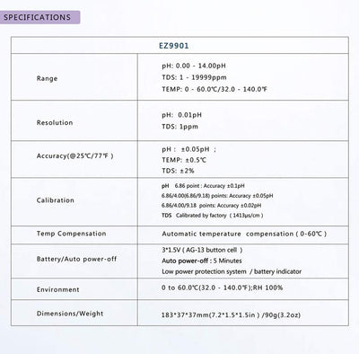 EZ9901 - Tester Digitale TDS 3 in 1 Tds/Ph&Temp Penna Portatile Di Qualità Dell'Acqua