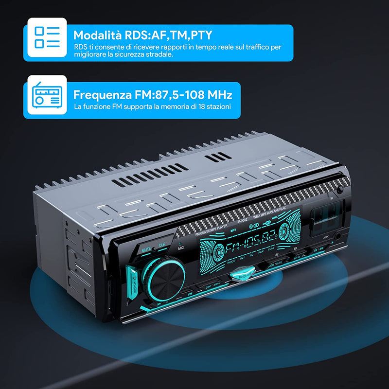 RDS Autoradio Bluetooth Vivavoce,  1 DIN Universale Auto Radio Stereo Con Volante Telecomando, 4 X 65W Autoradio Con Lettore MP3 E Due Porte USB, Supporta FM/AUX/TF/WMA/WAV, 7 Luci Colori