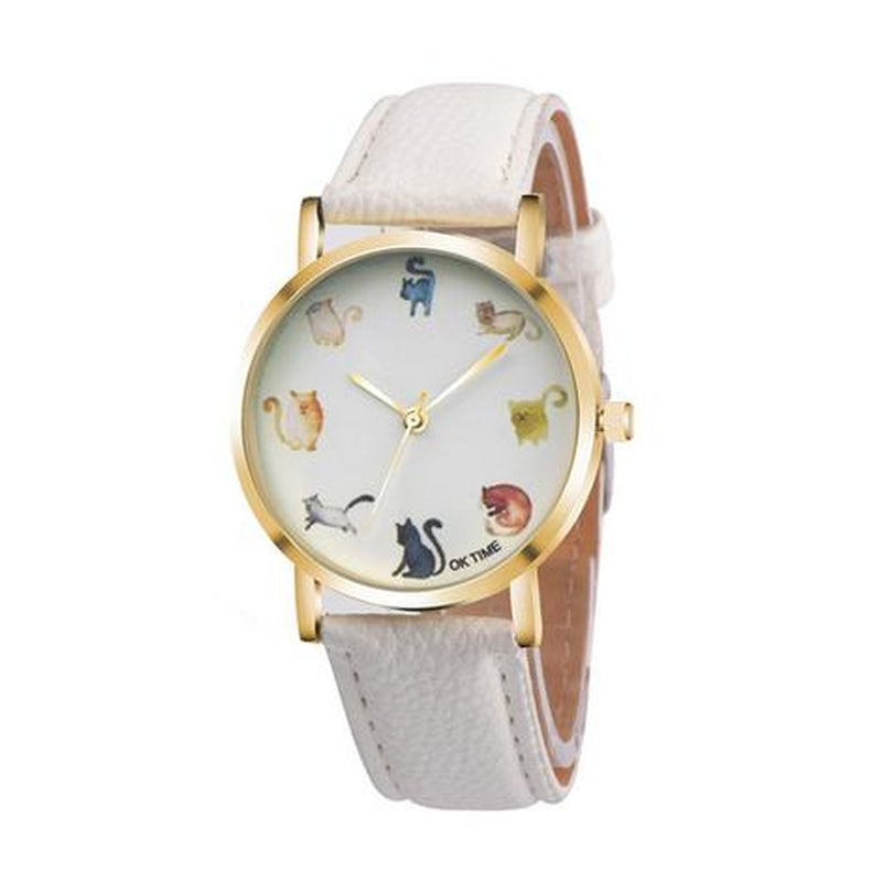 Cats Cute Watch Women PU Leather round Dial Students Fashion Wristwatch Sleeping Cat Fox Animal