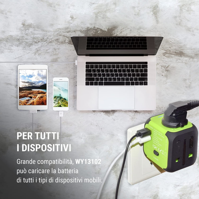 Adattatore Universale Da Viaggio Compatto per Prese Elettriche Spine Europa Uk Usa Australia All-In-One Presa 6,0A Incorporata 2 Porte Usb 5V/2400Ma per Caricare Smartphones/Tablet