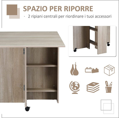 Tavolo Pieghevole Rettangolare per 4-6 Persone Con 2 Ruote, in Truciolato, 140X80X74Cm, Color Legno Naturale