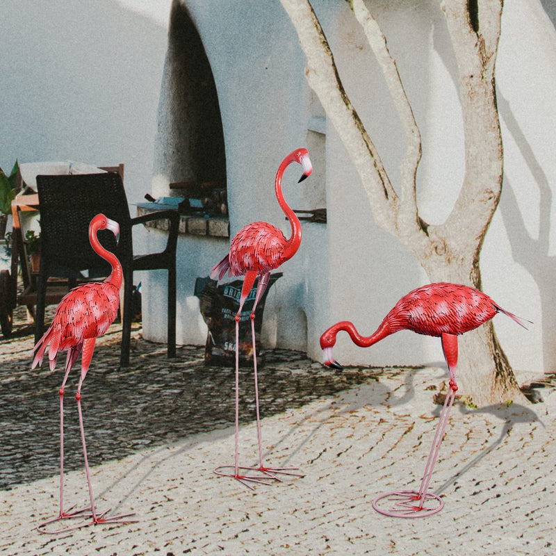 Flamingo Garden Statue E Sculture, 3 Pz Metallo Grande Rosso Flamingo Uccelli Figure Yard Art Ornamenti per Giardino Patio Prato Backyard Decor (Rosso)