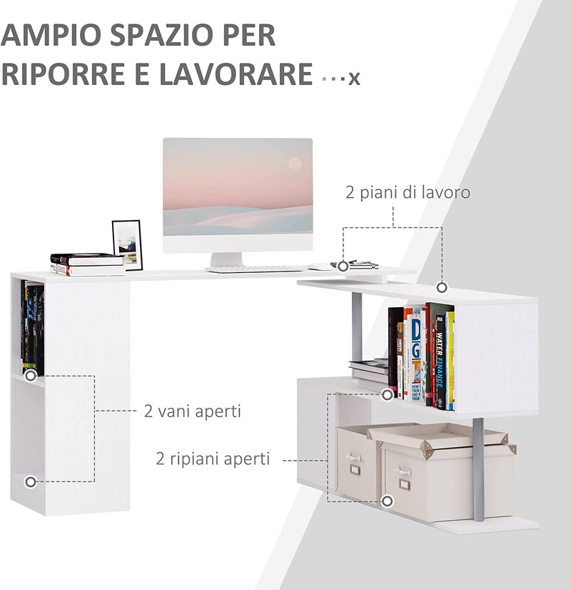 Scrivania Moderna, Angolare E Girevole Con Libreria per PC, Camera O Ufficio, Tavolo Da Pranzo in Truciolato Bianco, 140X120X78 Cm