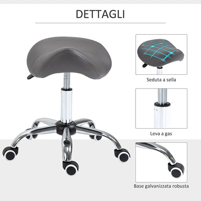 Sgabello Da Lavoro a Sella Con Ruote E Altezza Regolabile per Negozi Parrucchiere E Tattoo, 52X53X49-61Cm Grigio