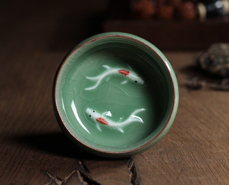 Celadon Tea Set, Tasting Cup, Small Fish Tea Cup, Geyao Ice Cracked Glazed Carp Cup, Small Tea Bowl