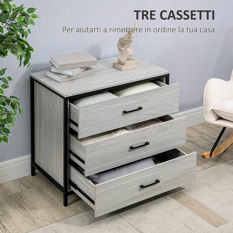 Cassettiera Con 3 Cassetti in Legno E Acciaio, Mobile Multiuso per Camera E Soggiorno, 80X48X78Cm, Grigio Chiaro