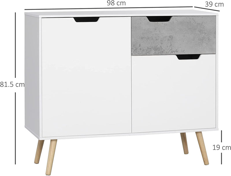 Mobile Da Salotto Con 2 Armadietti a 2 Ante E Cassetto, Credenza Moderna Mobiletto Multiuso in Truciolato E Legno Di Pino, 98X39X81.5 Cm, Grigio E Bianco