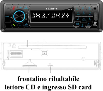 DAB-443 - Autoradio RDS FM / DAB+ PLL, Bluetooth, Lettore CD/MP3, Ingressi USB/SD/AUX-IN, 180W (45W X 4Ch), Frontalino Ribaltabile E Estraibile, Nero