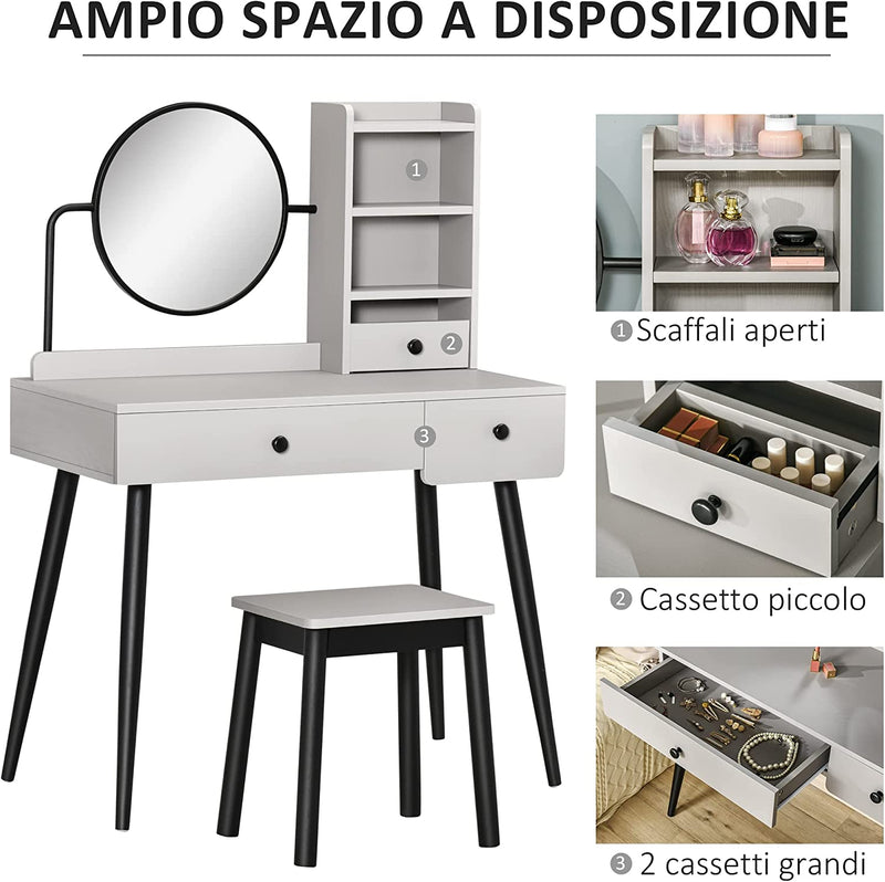 Set Da Toeletta Tavolo per Trucco, Specchio E Sgabello Con 3 Cassetti E Ripiani Aperti, Struttura in Legno, Grigio