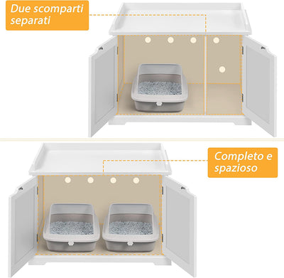 Mobile Lettiera per Gatti in Legno Casette per Gatti Mobiletto per Animali a 2 Ante Armadietto Nido Laterale Multiuso Grande Con Divisiore Cuccia per Gatto 75,5 X 51 X 53 Cm