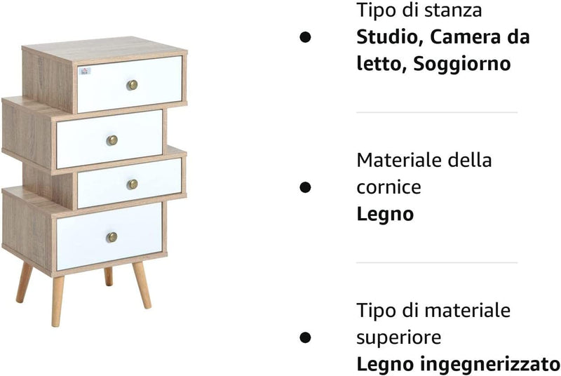 Mobiletto Multiuso Stile Nordico Cassettiera Con 4 Cassetti in Legno, 47 X 29.5 X 81Cm