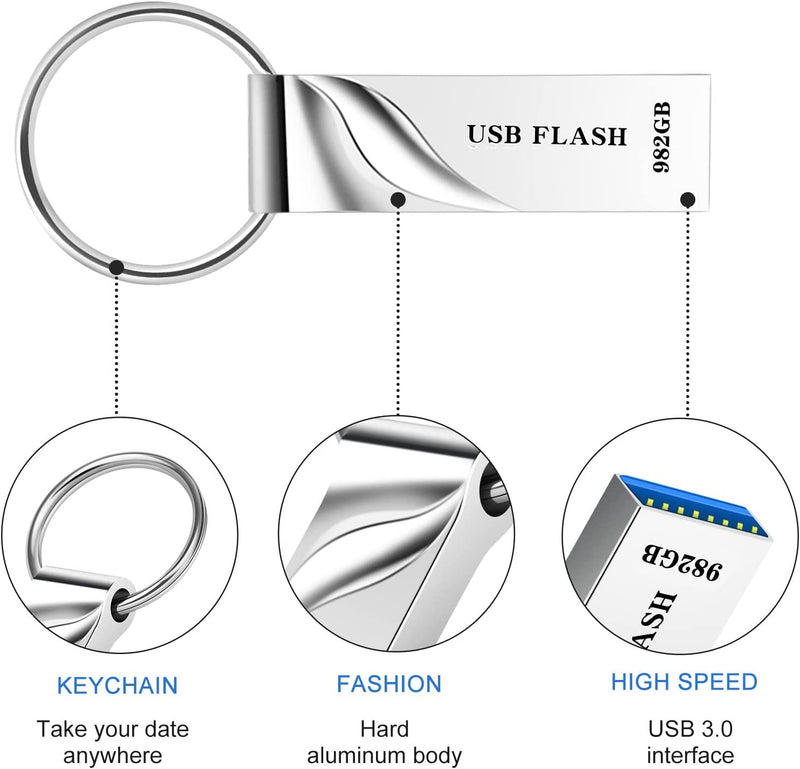 Chiavetta USB 982GB Impermeabile Pen Drive USB 3.0 Alta Velocità Pennetta USB 982GB Metallo Penna USB Con Portachiavi Pendrive per PC, Laptop, Computer