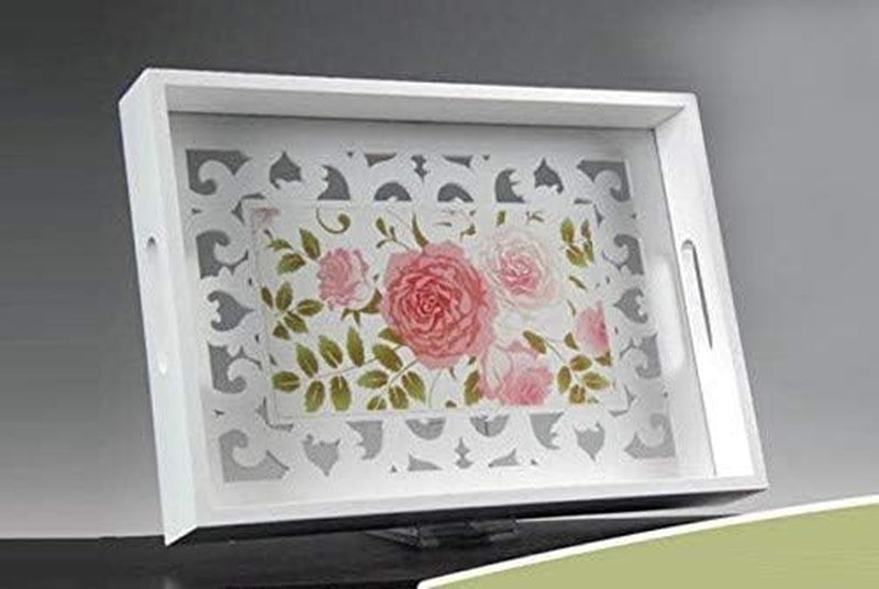 VASSOIO 35*25*5 CM LEGNO MOG MANICI TRAFORATO CON VETRO SHABBY CHIC PROVENZALE